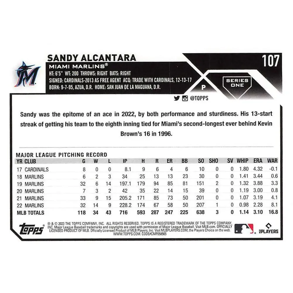 2023 Topps Gold Star Sandy Alcantara #107 Miami Marlins